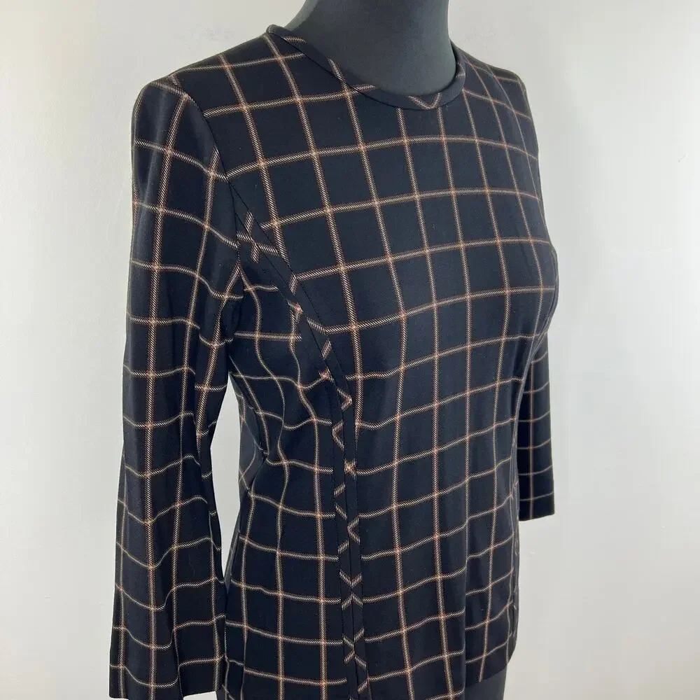 Carlisle Collection Black Brown Window Pane Check Long Sleeve Fitted Blouse Sz 2